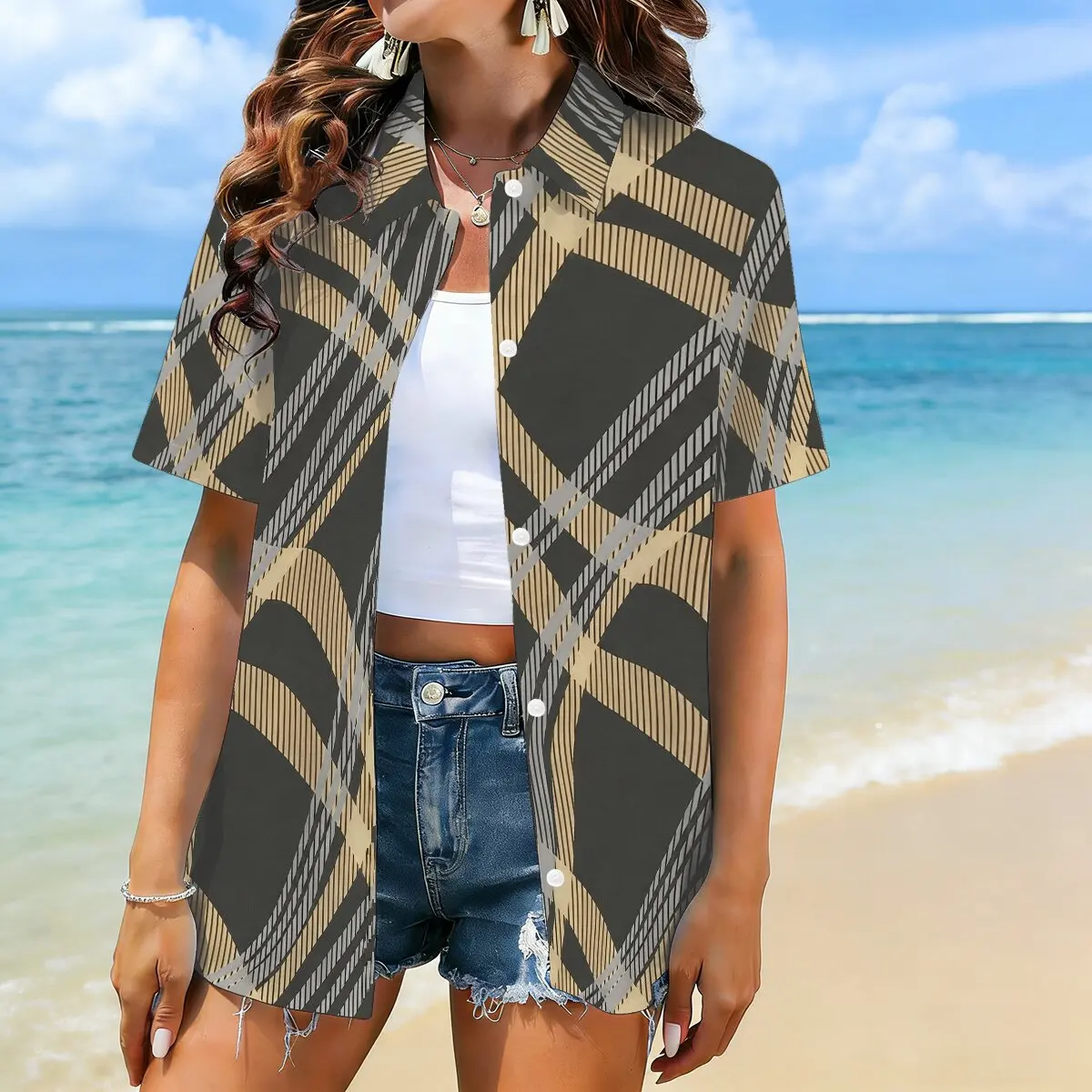 Plus size women's short-sleeve lapel cardigan shirt, irregular plaid pattern, mysterious texture, ideal for workplace social view 2