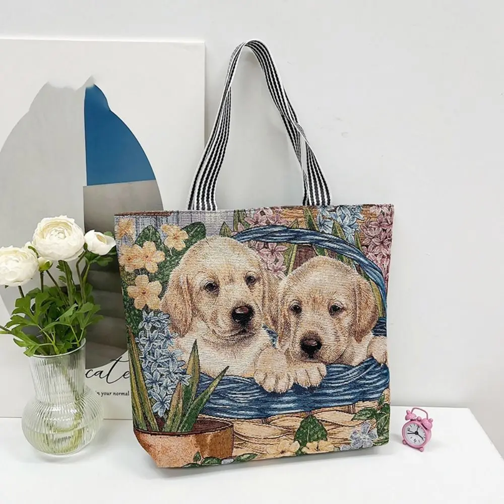 

Trendy Dog Ethnic Style Handbag Embroidery Large Capacity Cute Cat Cloth Bag Cosmetic Bag Tote Bag Animal Shoulder Bag Shopping