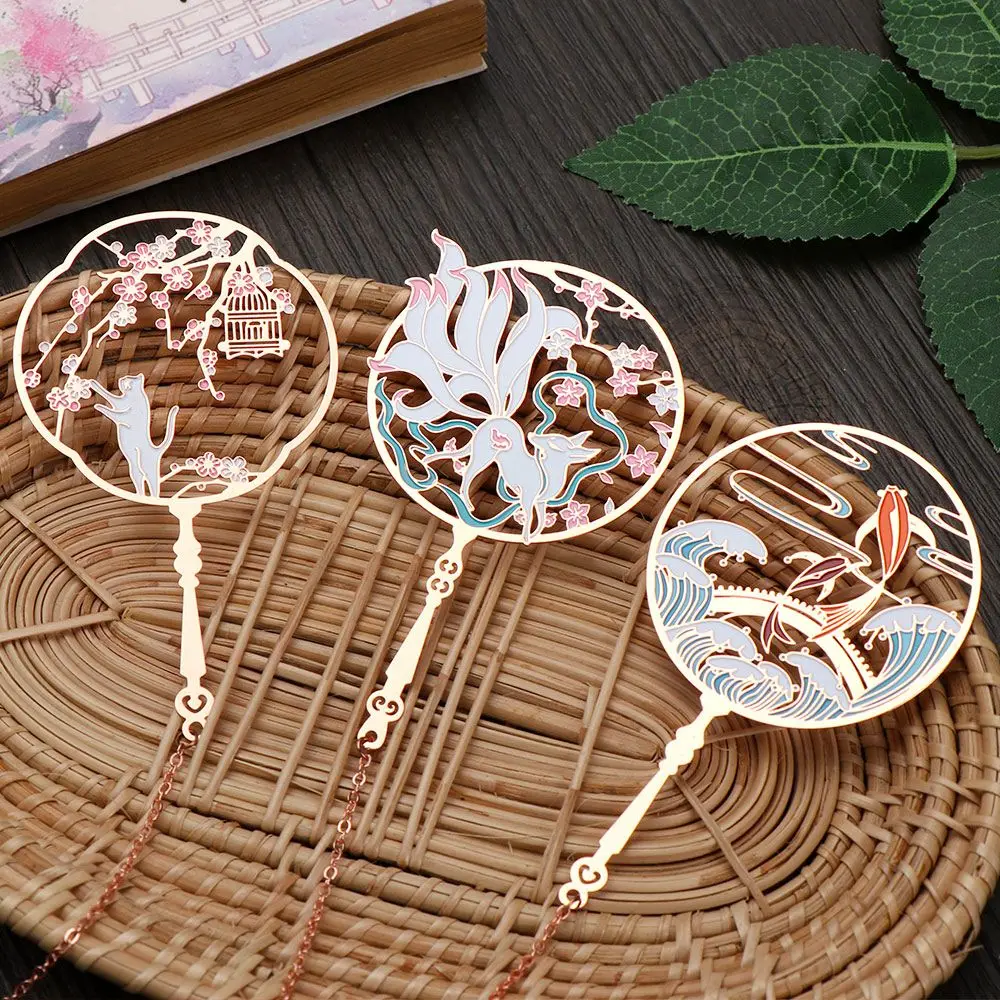 New School Office Supplies Chinese Style Koi Metal Tassel Pendant Group Fan Shape Pagination Mark Book Clip Brass Bookmark