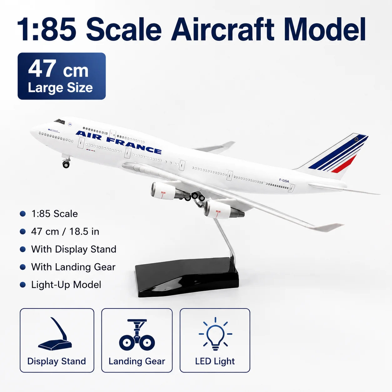 47 cm Air France B747 Aircraft Model With Bracket Landing Gear 1/85 Scale Die-Cast Resin Aviation Collectible Gift
