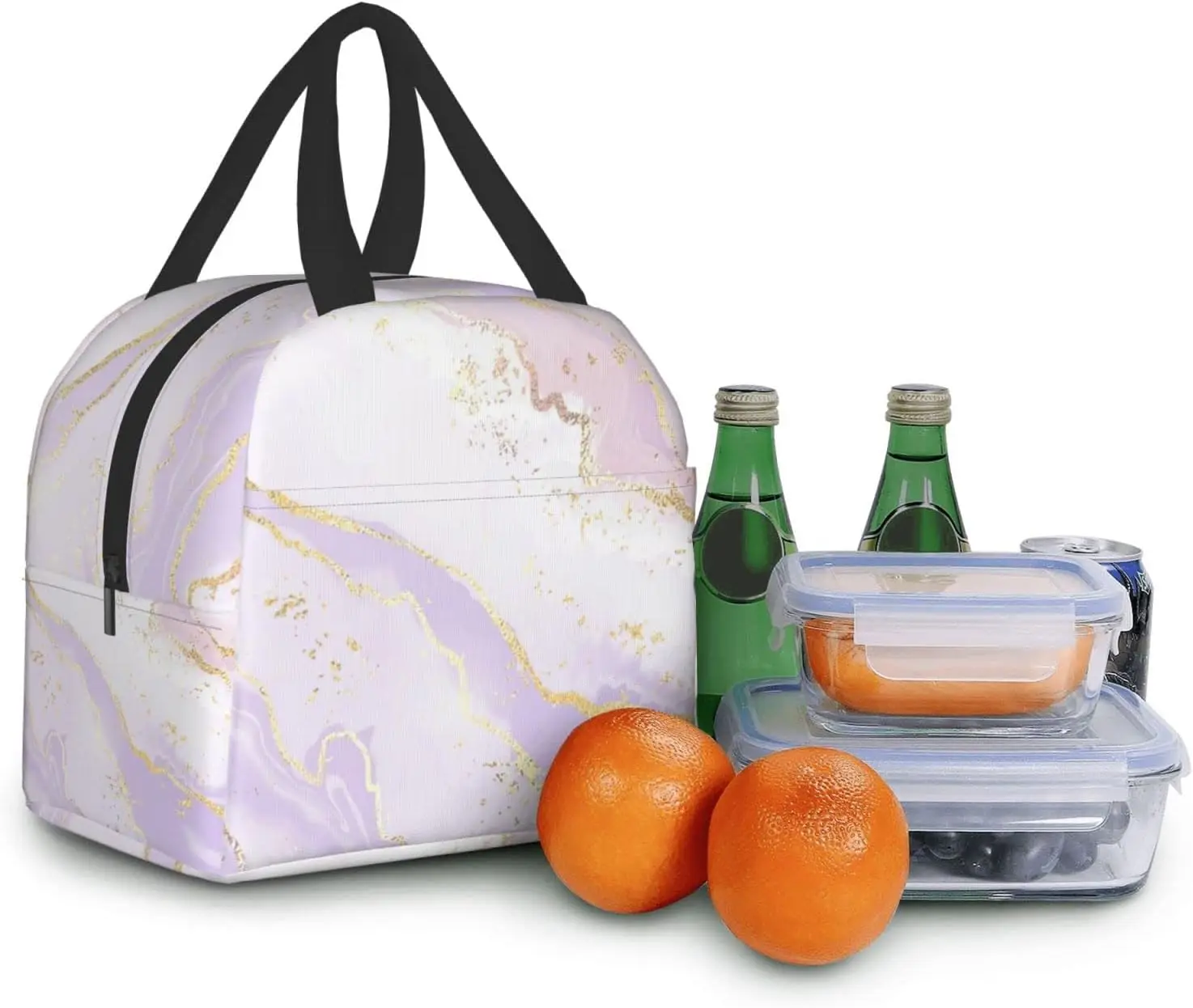 Pastel Pink Purple Gold Marble Insulated Lunch Box Cooler Tote for Adults Girl Women Work Office School Picnic Beach Reusable