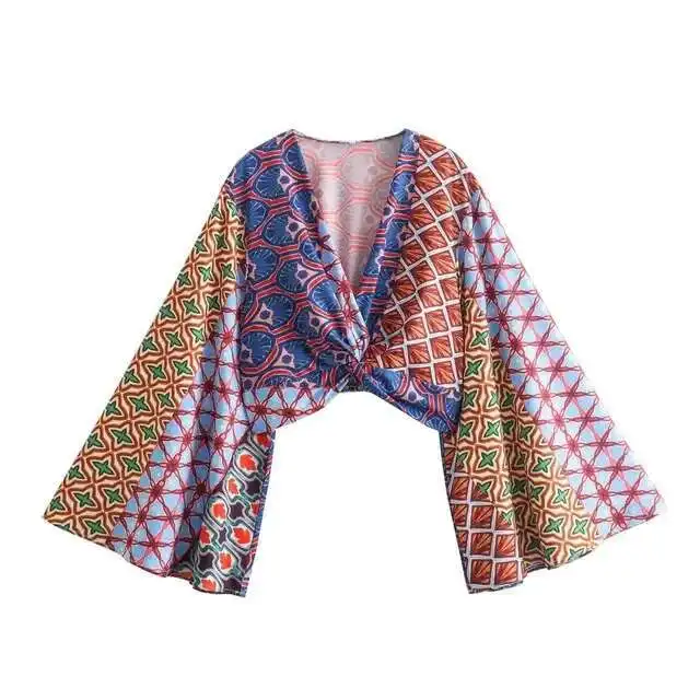 

Новый женский комплект из 2 предметов с принтом на рукавах и v-образным вырезом, украшенный коротким топом + элегантные карманы, дизайн на шнурке, длинные брюки Mujer