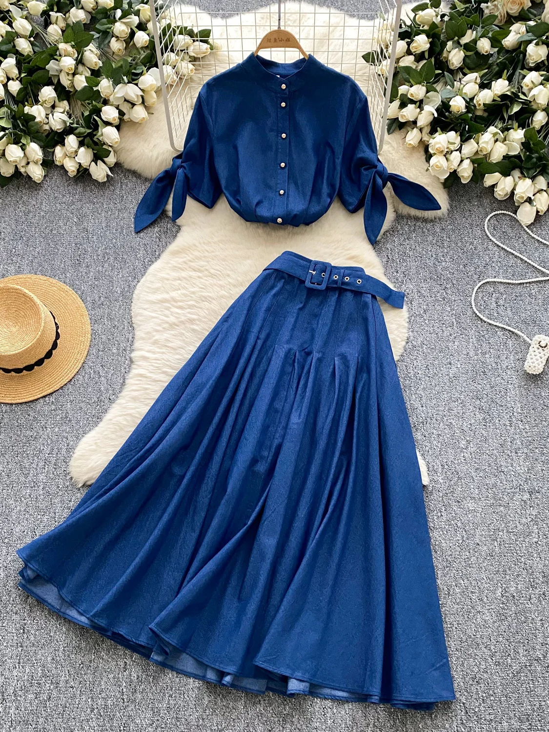 

French Style Women's Coord Set Fashion Tie Sleeves Short Mandarin Round Bow Shirt Slimfit Waist Belt​ Design Long Skirts
