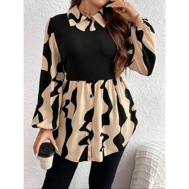 Plus Größe Frauen Langarm Kontrast Farbe Tops Mode Zugeknöpft Lose Gefaltete Kleidung Casual Revers Blusen & Shirts für Weibliche