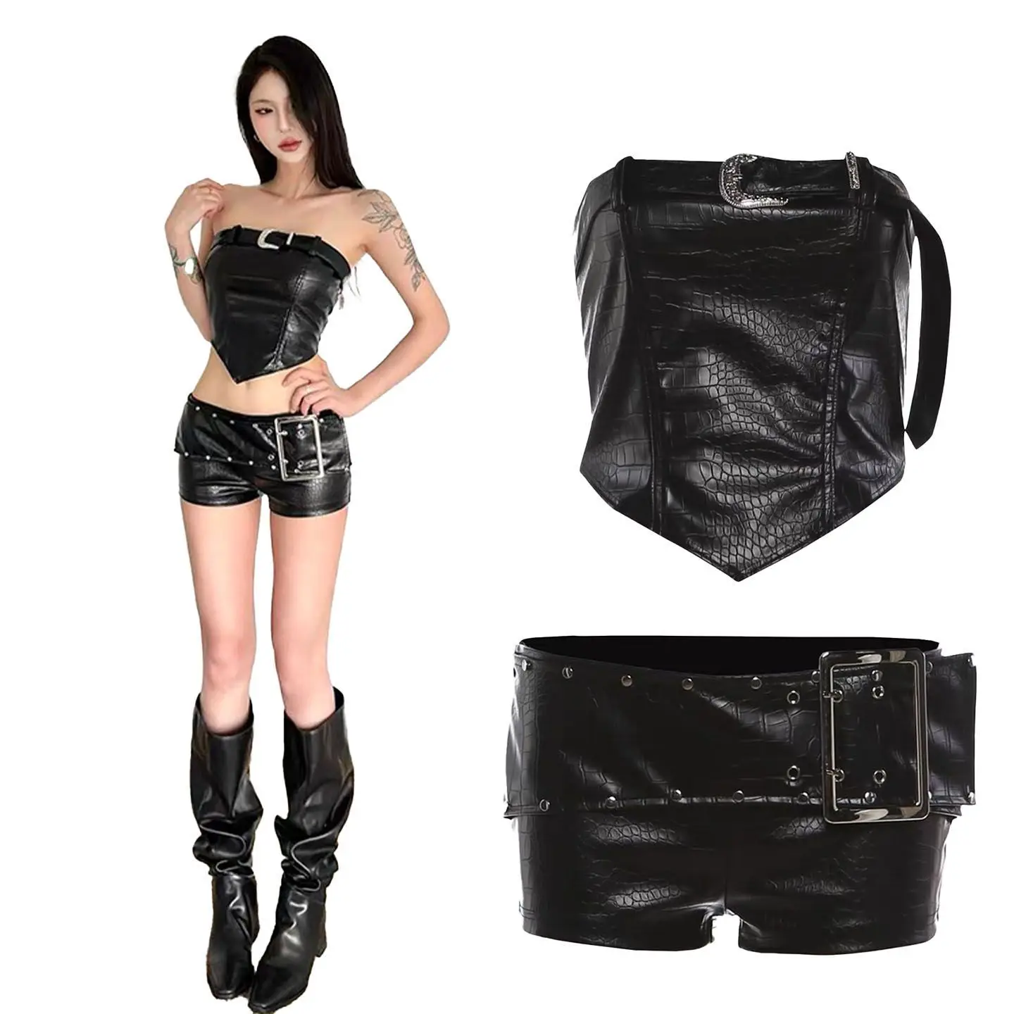 Red Big Belt Pu Leather Rivet Shorts Women