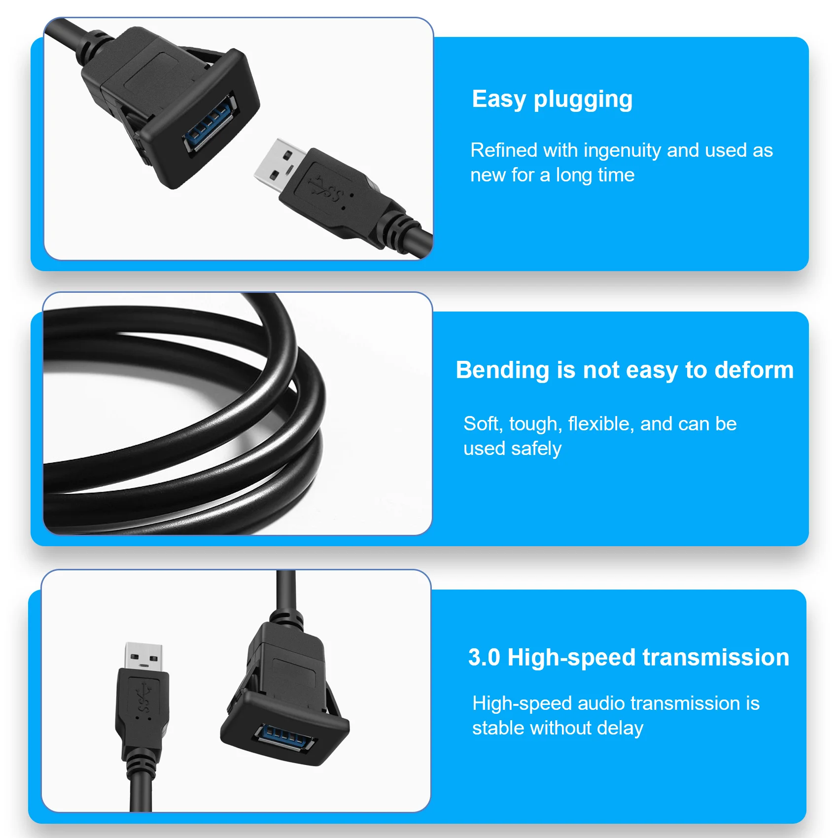 Durable-1M Socket Cable USB 3.0 Auto Car Flush Mount Male To Female Extension Cord Dashboard Panel Square Audio Line For Motorcy