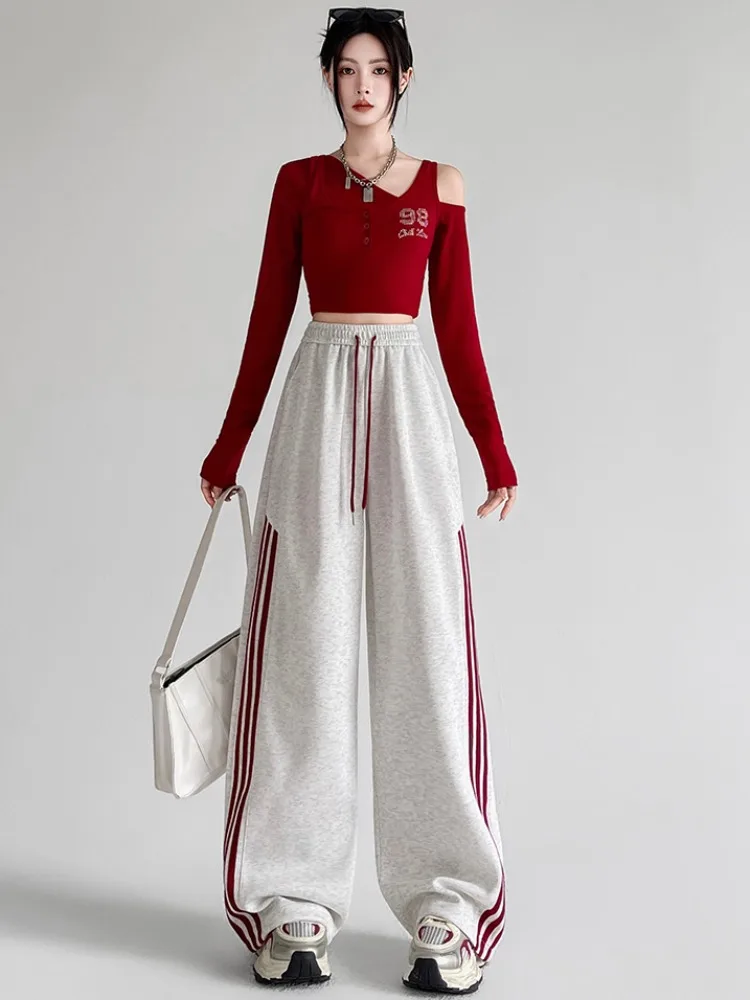 American Sle High Waist Dstring Trousers Women's Autumn Sport Wide Leg Pants Slimming Casual Sweatpants Straight Leg