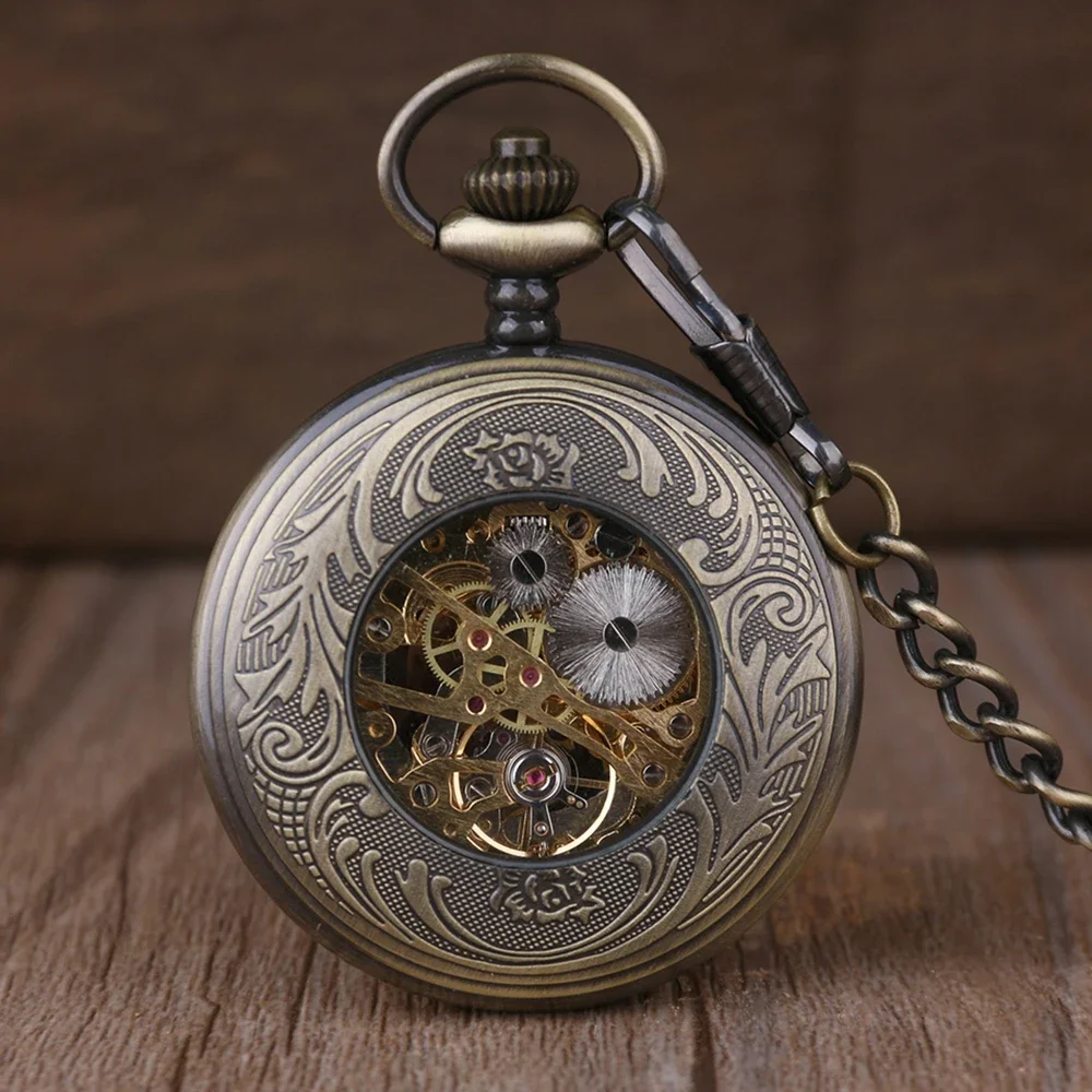 Vintage Roman Number Hand-Winding Watch creative carving flower Mechanical Pocket Watch chains pendant gifts