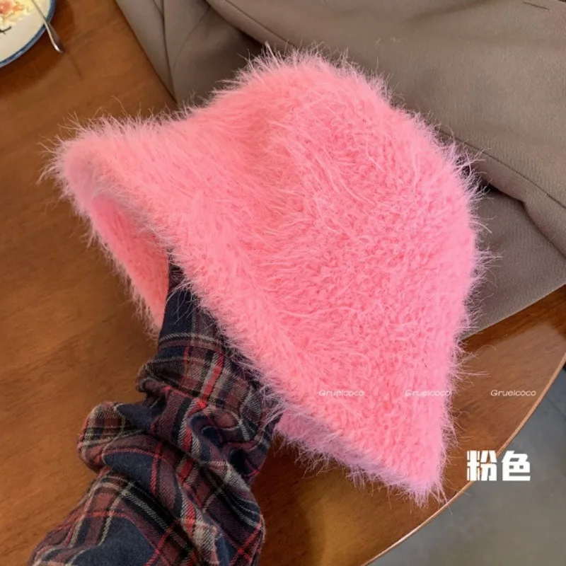 New Fluffy Faux Mink Fur Bucket  Hat Women Korean Ins Blogger Plush Bucket Hat Autumn Girls Cute Fashion Winter Hat Panama Caps