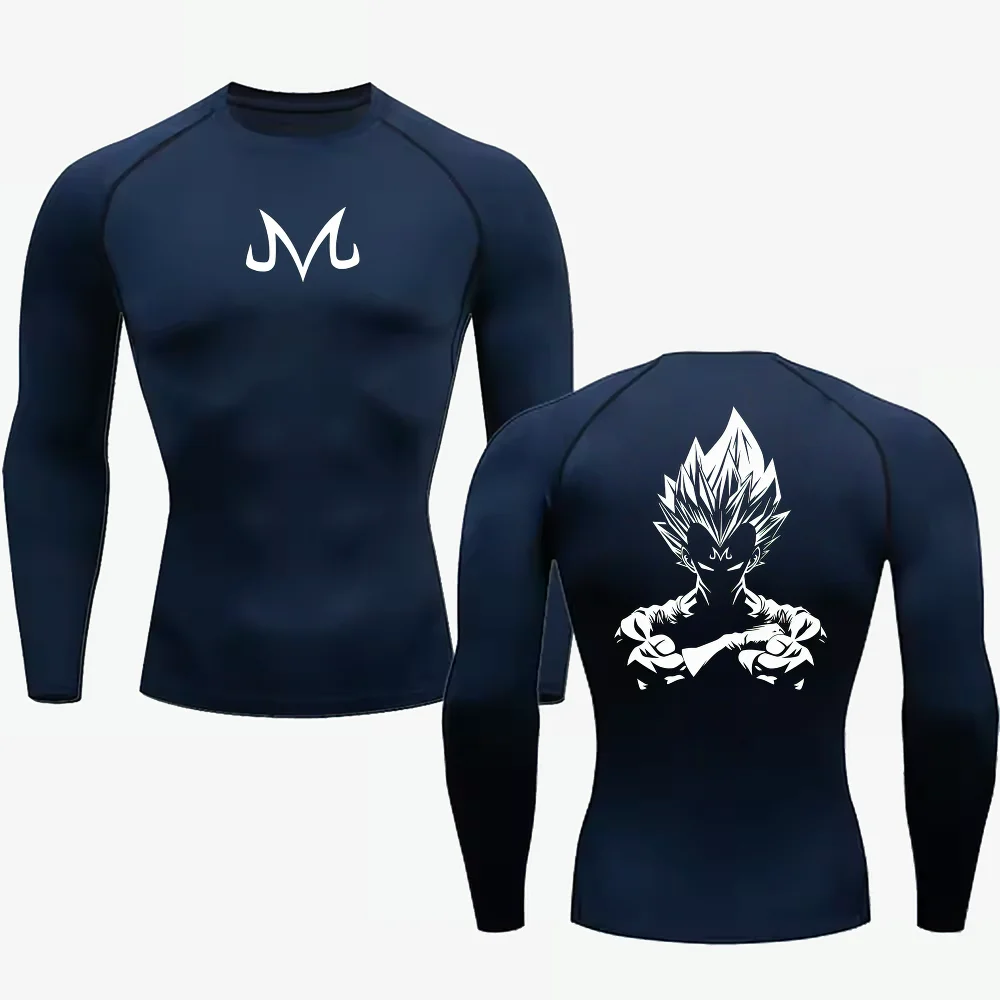 Bandai Dragon Ball Mens Long Sleeve Compression Tee Majin Vegeta Print Quick Dry Breathable Tight Fit Athletic Top Gym Sports