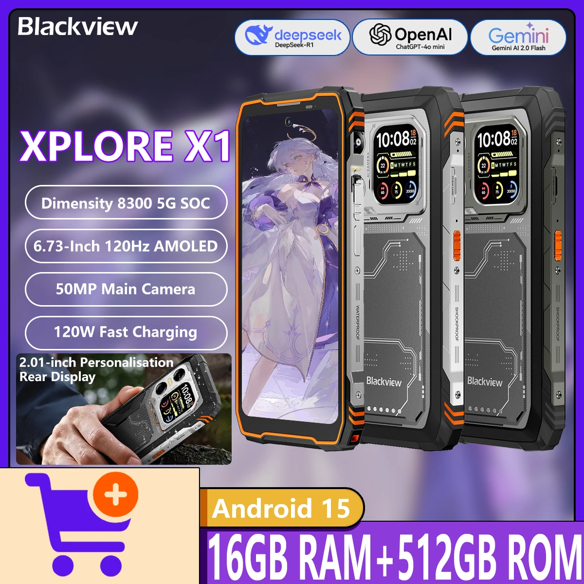 Blackview XPLORE X1 5G Прочный телефон Размер 7050 5G 10000 мАч 55 Вт Зарядка 12 + 256 ГБ 6,78 дюйма 120 Гц 108 МП Камера Android 15 NFC