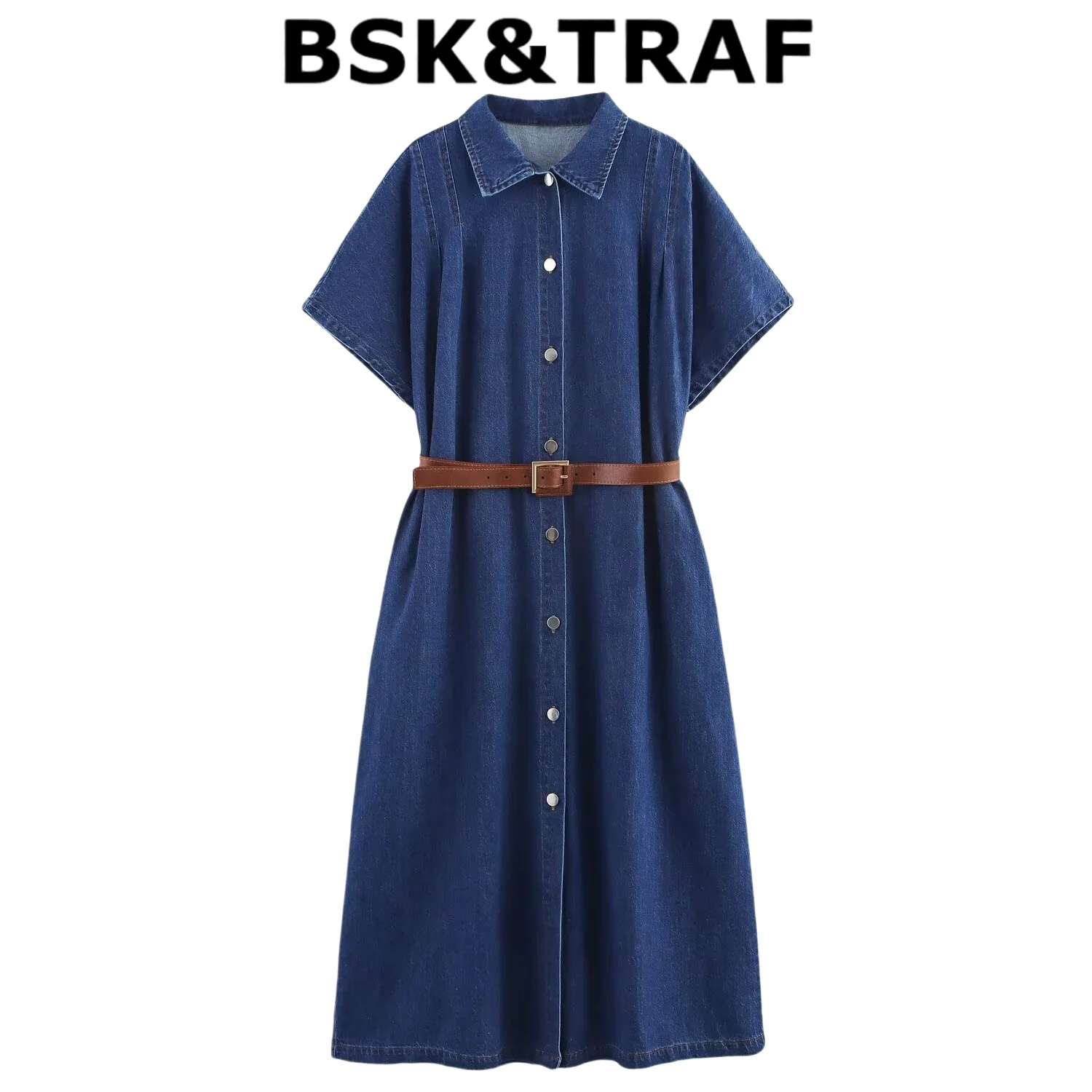 

BSK&TRAF2025 Summer New Arrivals Women's Wear Casual Commuter Versatile 1975 Midi Denim Dress With Belt 0108/025