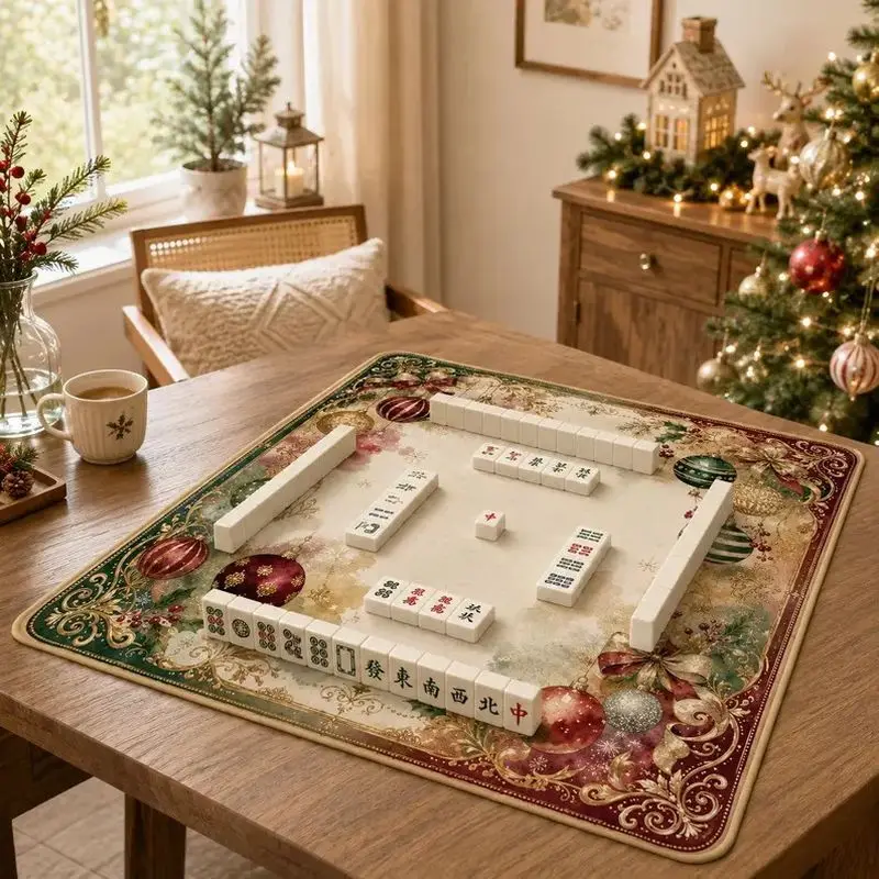 VIKAMA Christmas Mahjong Mat Cream Poinsettia Ornament Pine Rose Gold Print Durable For Living Room Game Night Family Decor