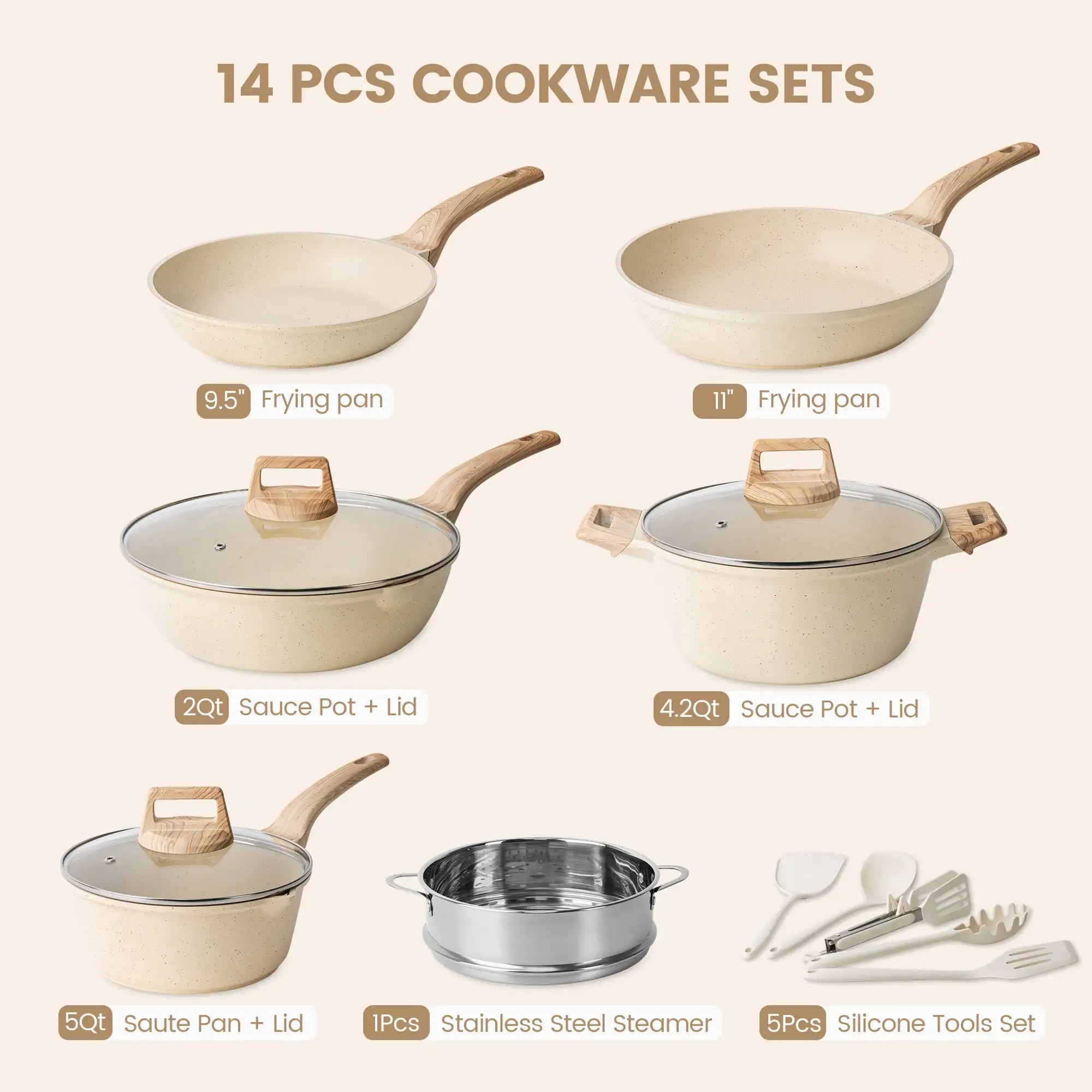 Pots and Pans 14 Pcs Nonstick Kitchen Cookware Sets Induction Cookware Beige Granite Compatible with All Stovetops