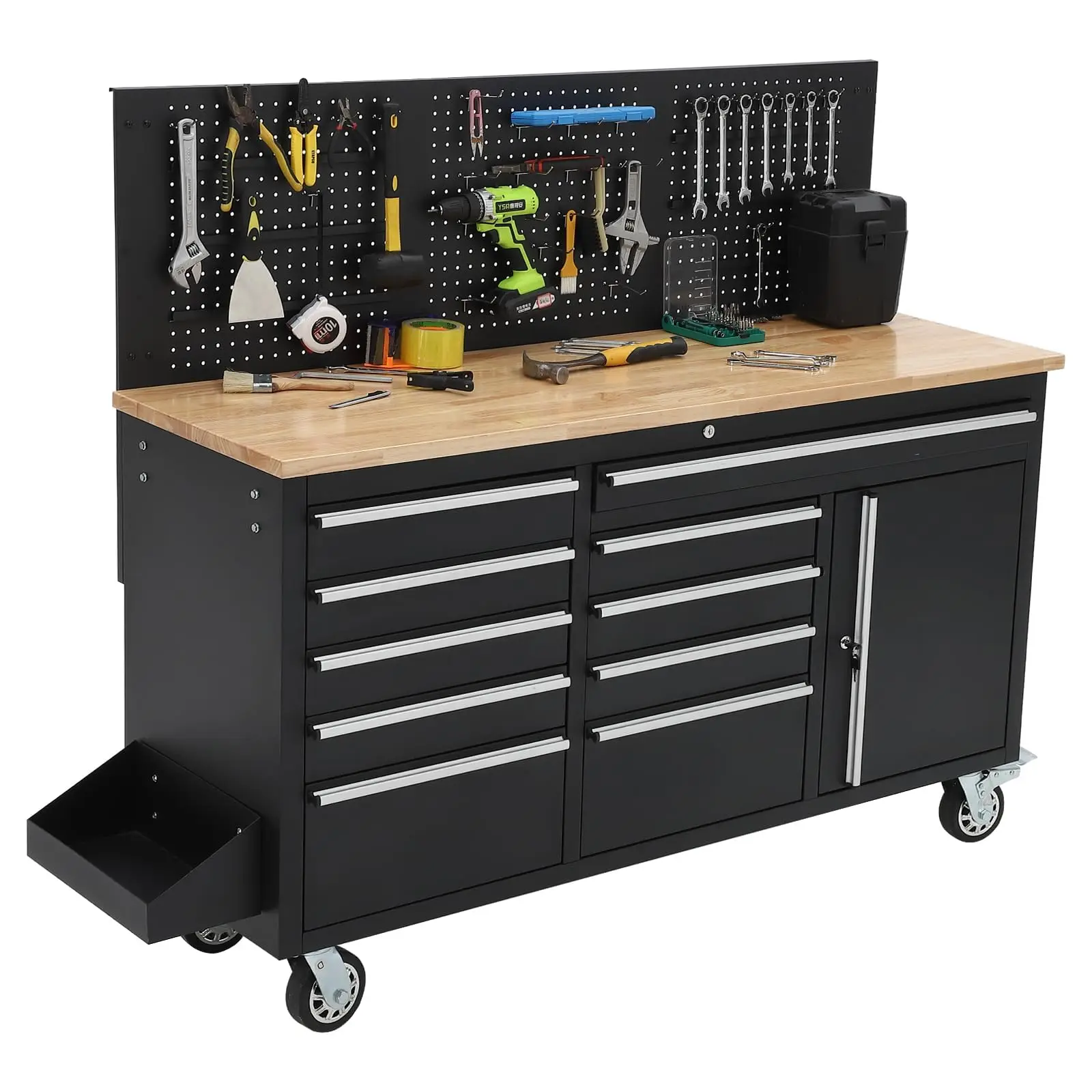 Rolling Tool Chest, 61 in Garage 10 Drawers Workbench Storage Tool Cabinet with Solid Rubber Wood Top, Power Strip
