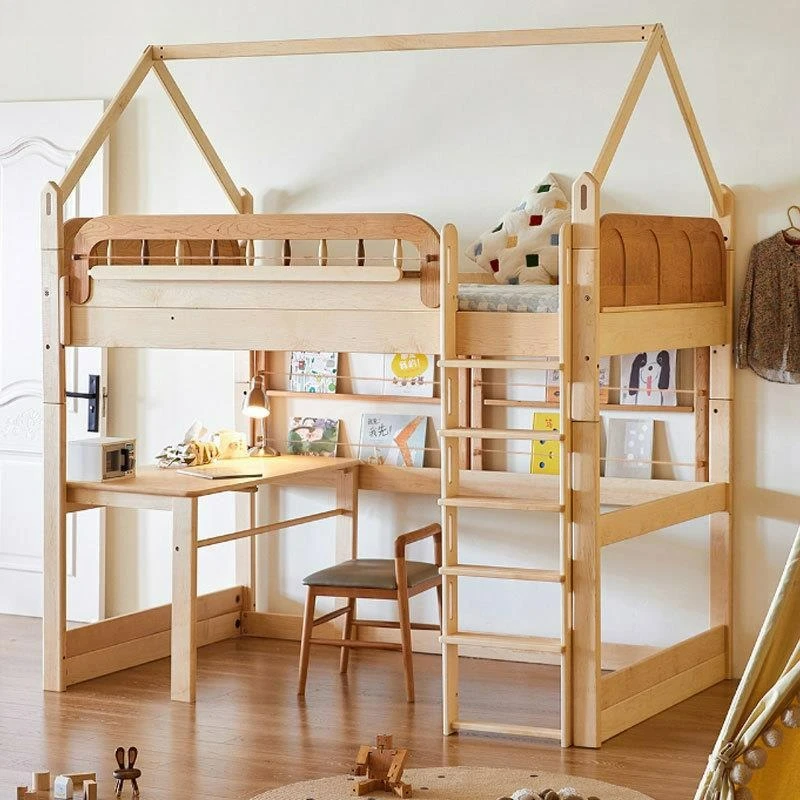 Cama nórdica personalizable para niño, cama media alta para niña, cama de princesa, estantería, mesa de estudio, cama arriba y abajo, habitación de casa de árbol