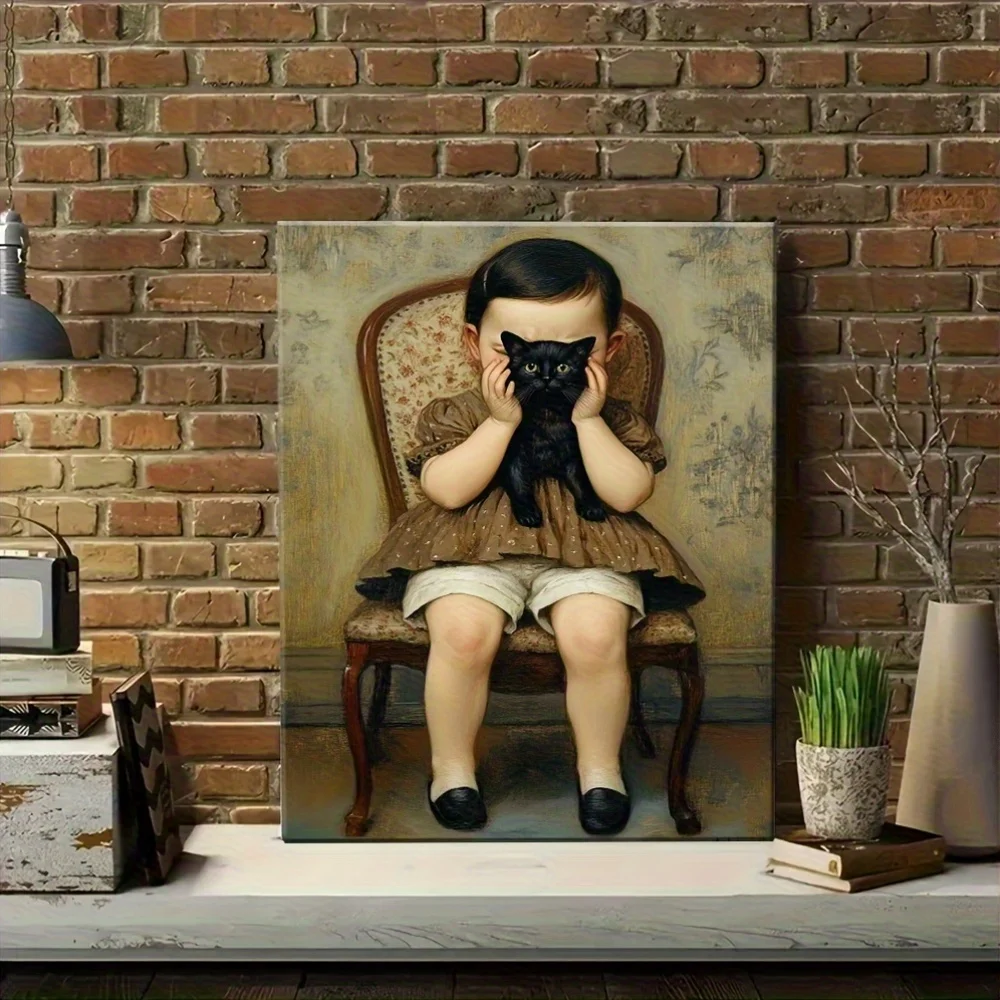 (No frame)2D Flat, 1pc Framed Canvas Wall Art Print - Child in Brown Dress with Black Cat Suitable for, Room Decor, Modern Mi