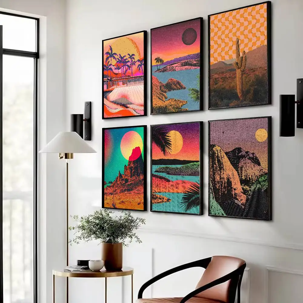 Vintage Hawaiian Sunset Poster, Psychedelic Gradient Sky Palm Tree Silhouette with Halftone Texture Retro Beach Vibe Home Decor