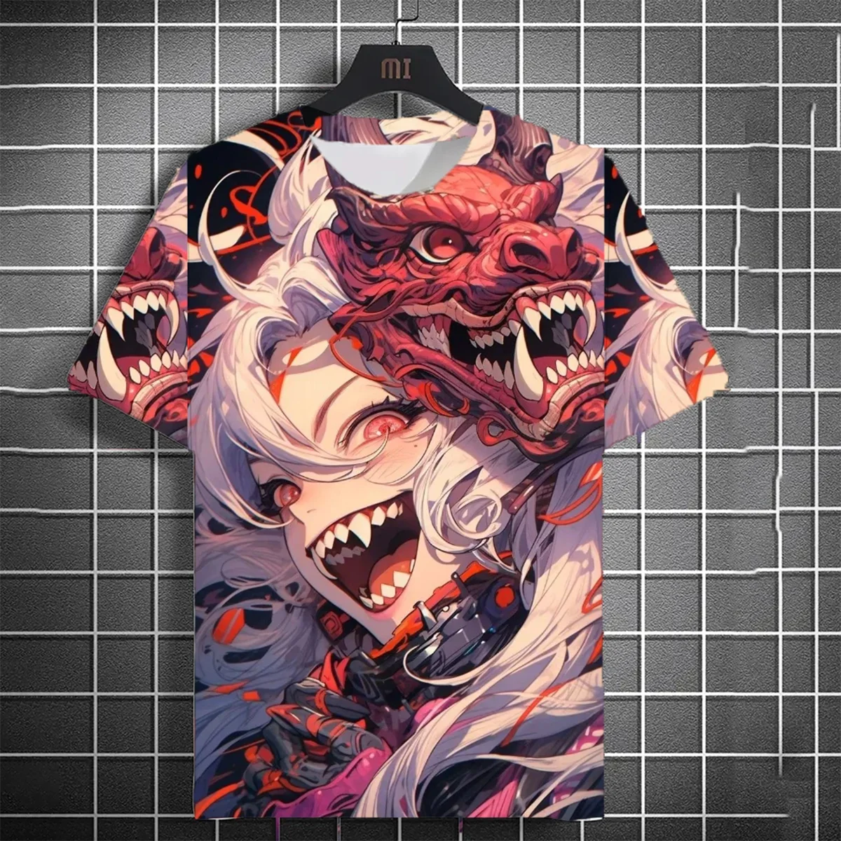 Men's fashionable versatile T-shirt 3D printed samurai sword girl anime personality short sleeved fashionable men's clothing