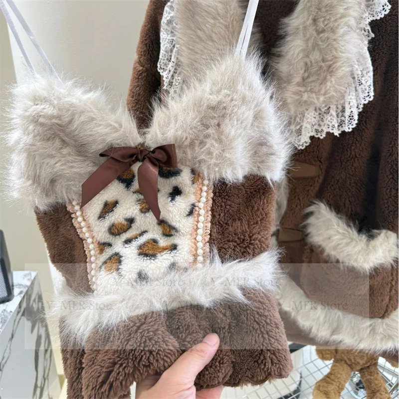 

Autumn Sexy Warm Coral Fleece Sleepwear Leopard Print Sling Top Pants Sweet Lace Collar Home Clothes Thicken Pijama Mujer