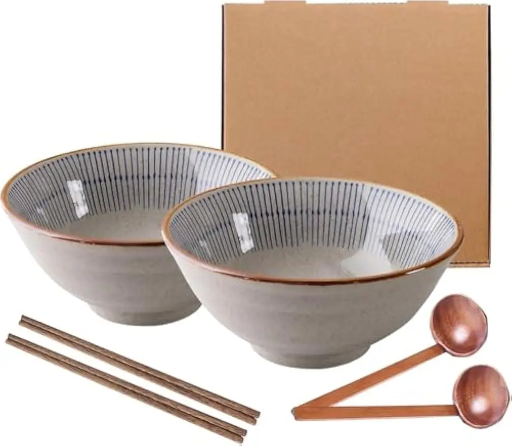 

Большой керамический набор мисок для рамэна с деревянной посудой, серо-синими полосками, 2 миски для лапши, супа, салата