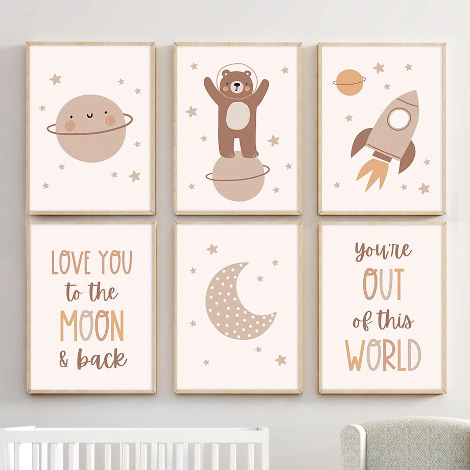 Love You To The Moon Space Rocket Bear Astronaut Planet Wall Art Boho Sun Star Home Pictures Kids Room Decor Baby Shower Gift