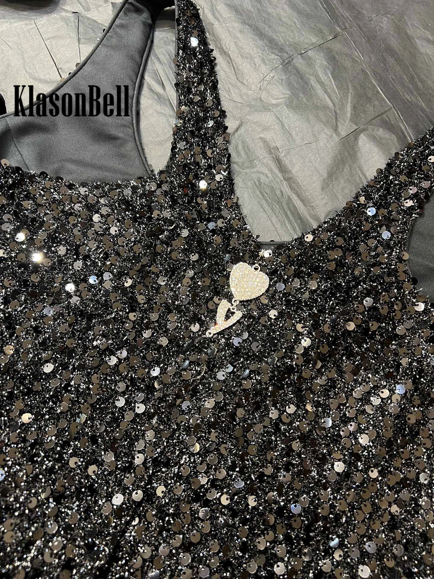 3.30 KlasonBell Fashion Hot Girl Bling Sequins U-Neck Sleeveless Rompers Fit Women Black Velvet Back Zipper Bodysuits Top