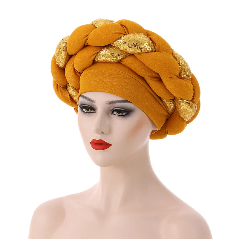 

African Turban Chemo Cap Women Hijab Knot Braids Bonnet Beanie Headwrap Auto Gele Headtie Nigerian Already Headscarf Wedding Hat