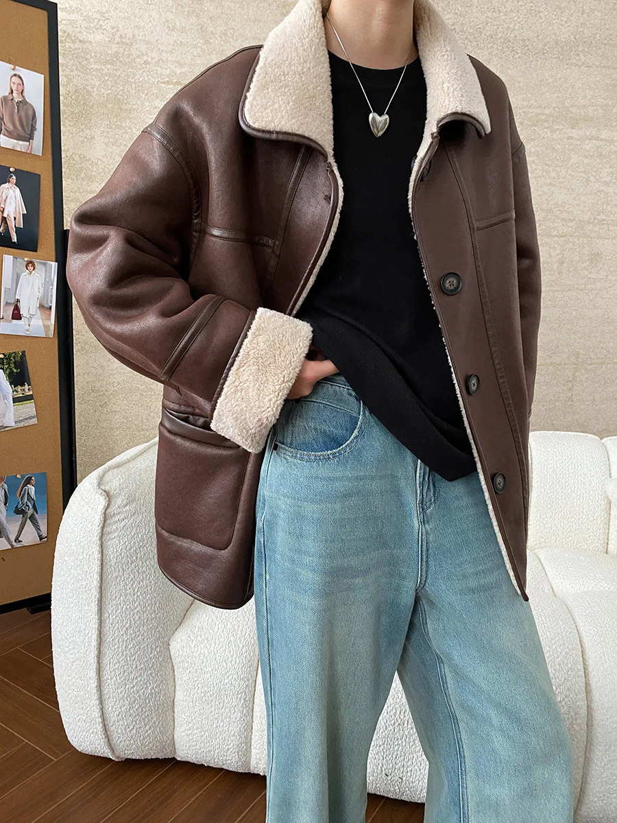 Winter women\'s casual solid color lapel long sleeved loose fur one-piece jacket