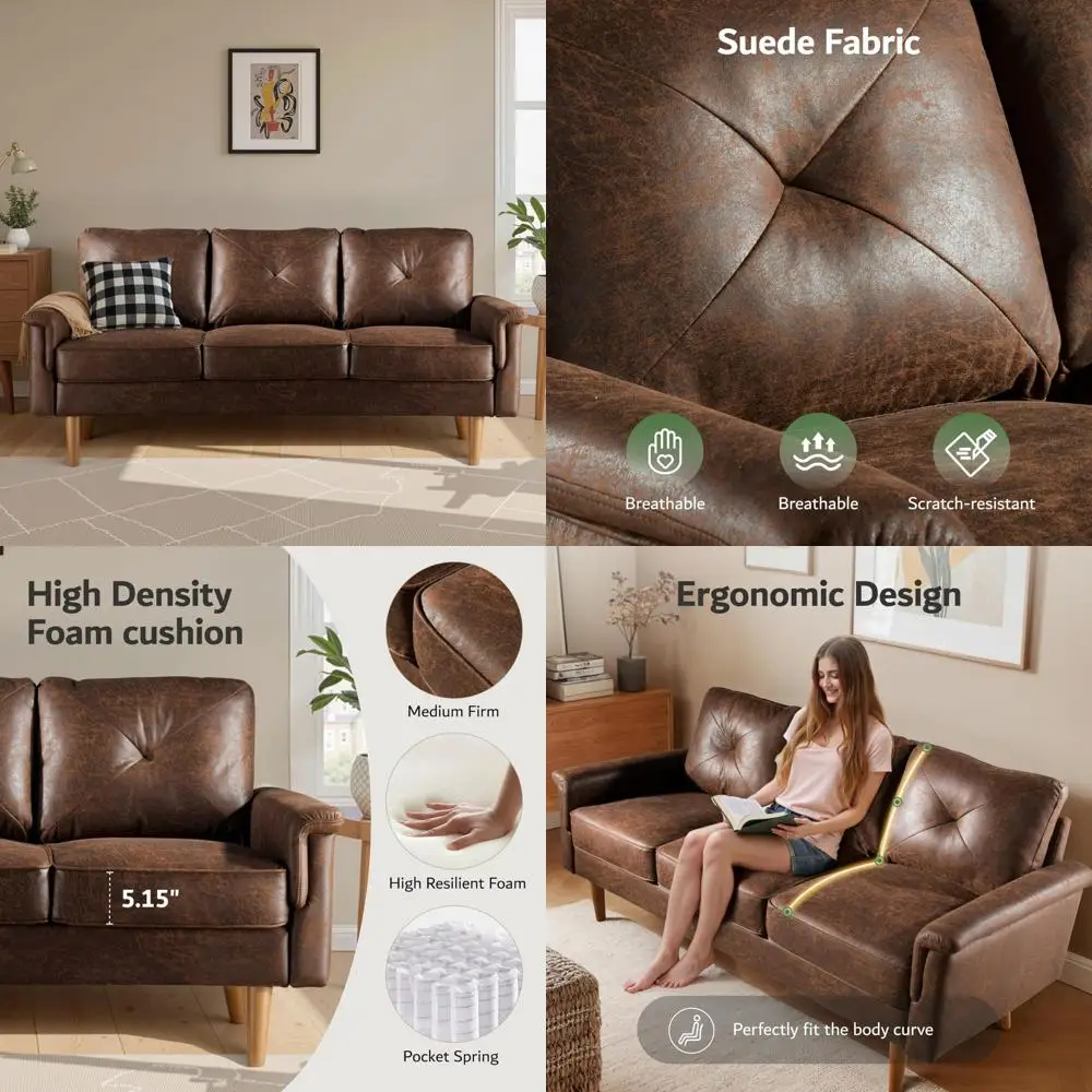 

Современный 3-местный диван середины века из искусственной кожи, роскошный диван с глубоким сиденьем и удобными подлокотниками, компактный размер для небольшого размера