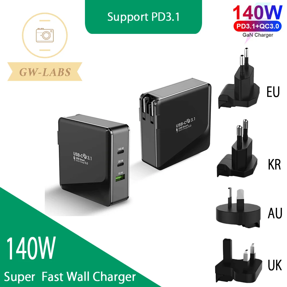 GWLABS 140W USB C 3.1 GaN Super Fast Wall Charger PD140W PPS105W For Laptop Macbook iPad iPhone Samsung Huawei xiaomi and more