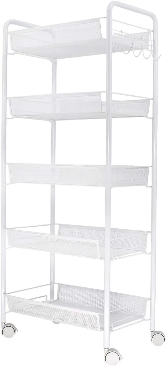 

5-Tier Rolling Utility Storage Rack Cart on Wheels, Trolley Craft cart, Multi-Purpose Organizer Shelf, White