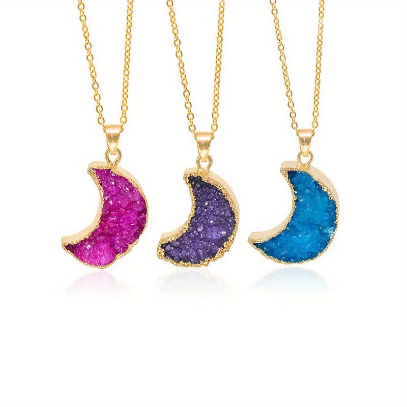 Natural Druzy Quartz Stone Moon Shape Pendant Jewelry Raw Crystal Cluster Jewelry For Women Girls Necklace Moon Cluster Stone