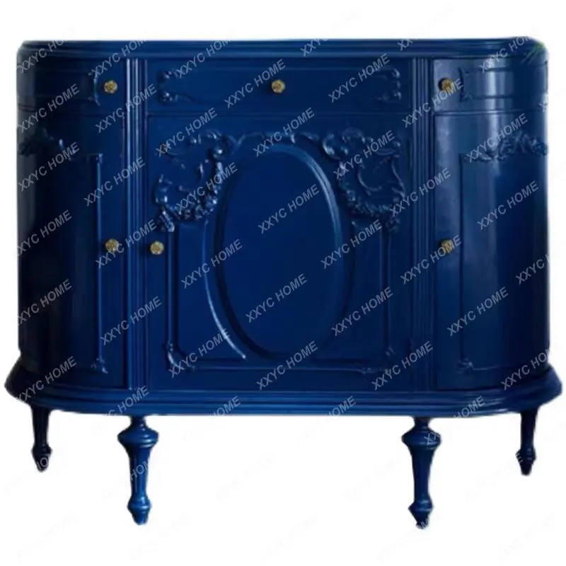 

Retro Solid Wood Semicircle Hallway Hall Cabinet Simple Modern Home Blue Curio Cabinet Shoe Cabinet chest of drawers for bedroom