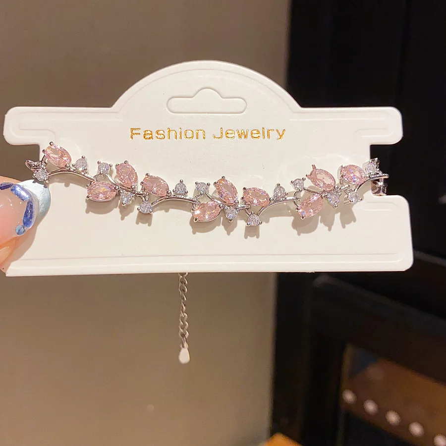 

Elegant Oval Leaf Pink Zircon Bracelet Women Luxury Exquisite Daily Wedding Bride Bridesmaid Party Jewelry Birthday Gifts 1706