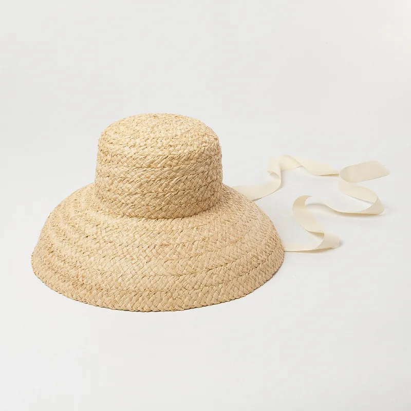 USPOP Retro Flat Top Drooping Brim with Straps Hand-woven Raffia Straw Hat for Women Parent-child  Beach Straw Hat  Two Size