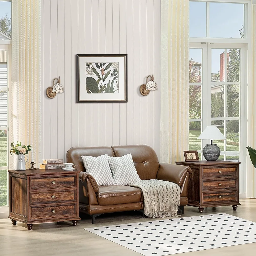 مجموعة حامل ليلي واسع للمزرعة مقاس 24 بوصة مكونة من 2، طاولة نهاية كبيرة مع 3 أدراج ومقبض معدني، خزانة خشبية لغرفة النوم، طاولة جانبية للسرير Ch #2