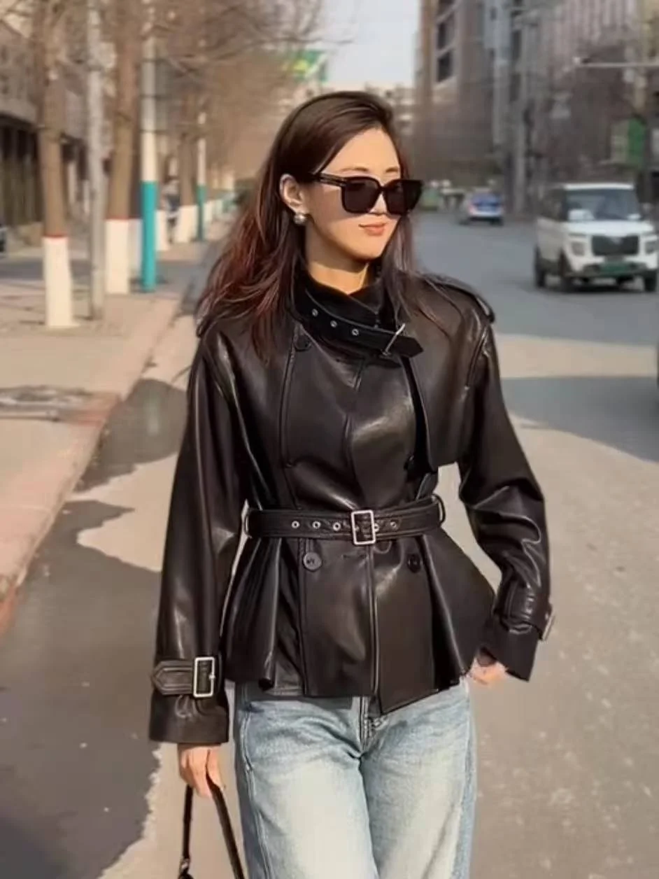 

Real eepskin Leather Jaet Women's Waist-Cinching Slimming Medium-Length Coat Spring Autumn New Sle Long Sve Collar