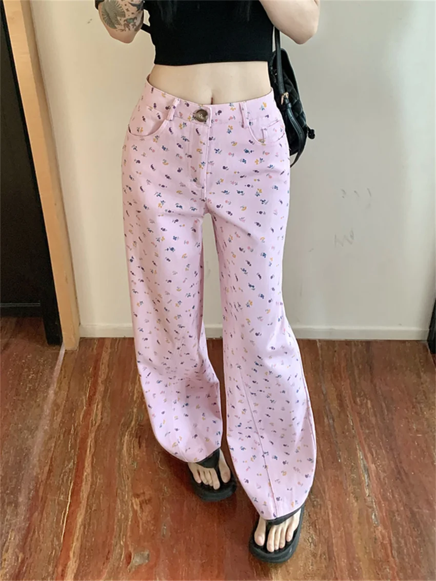 

Alien Kitty Pink All Match Jeans Women Florals Chic High Waist Slim 2023 OL Denim New Office Lady Daily Streetwear Autumn