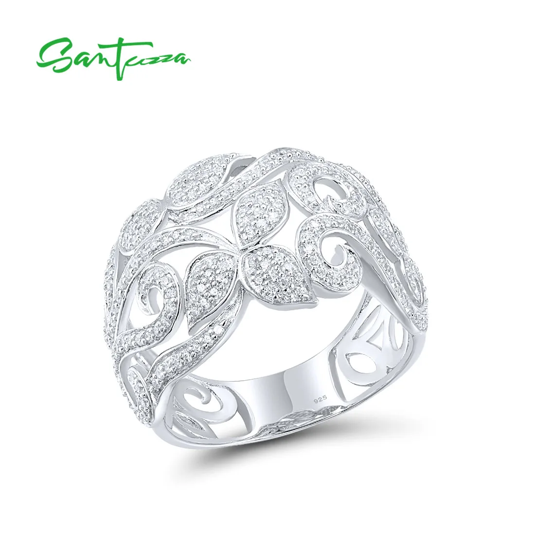 SANTUZZA Pure 925 Sterling Silver Flower Rings For Women Sparkling White Cubic Zirconia Attractive Party Elegant Fine Jewelry