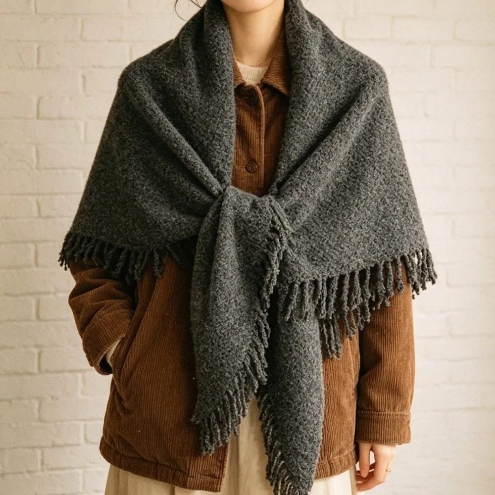 Wird nicht pillen, Wollmischung, dreieckiger Schal mit Fransen, warmer, gestrickter Schal, dekorativer, mehrfarbiger Wickelschal für Damen – Detail 10