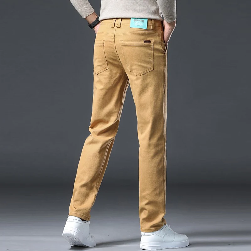 Мужские осенне-зимние новые повседневные эластичные джинсы, мужские свободные прямые джинсовые брюки больших размеров, модные облегающие глиняно-желтые брюки