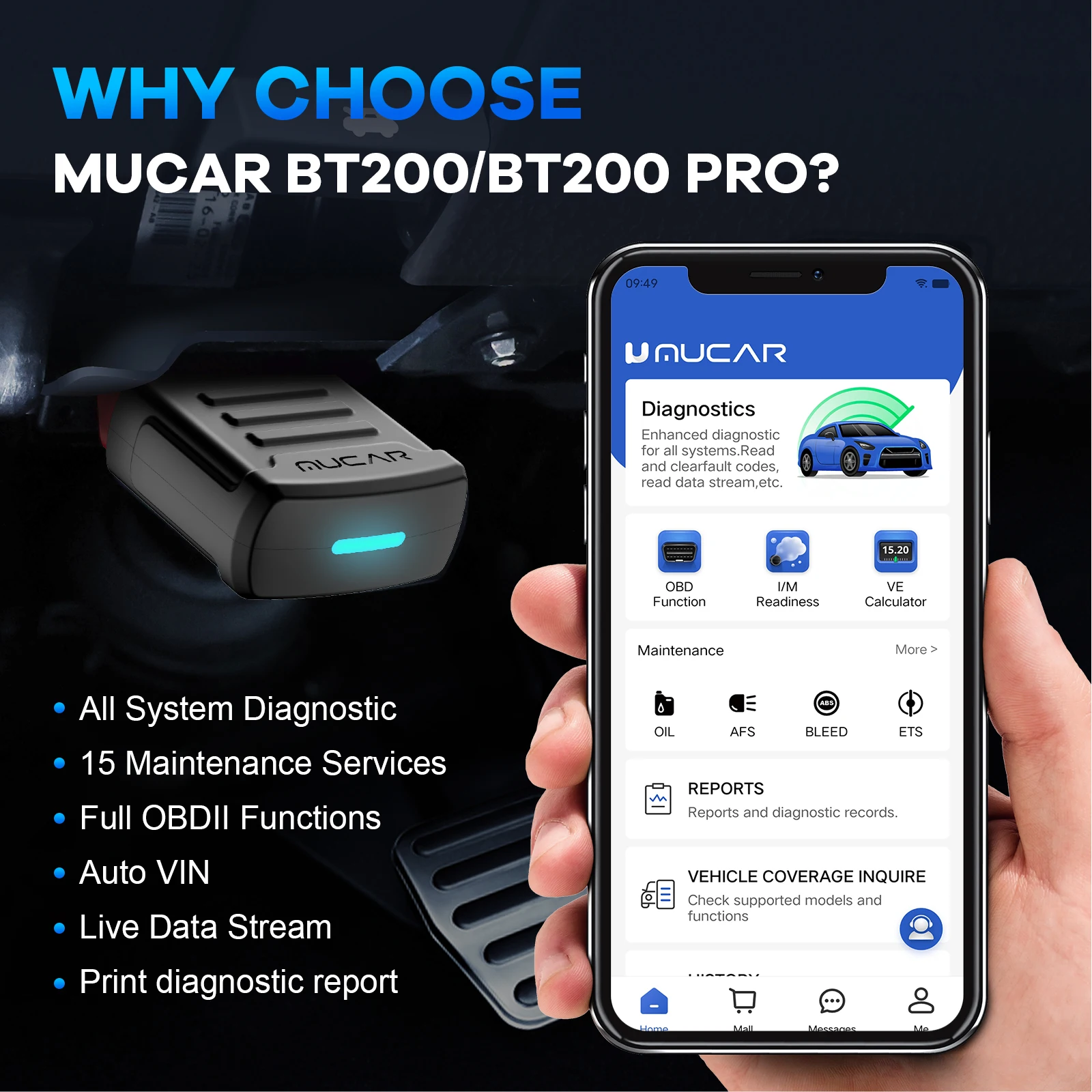 MUCAR BT200/BT200 Pro OBD2 Bluetooth Diagnostic Tool Full System Diagnose Oil SAS 15 Reset OBD 2 Scanner for All Car Code Reader