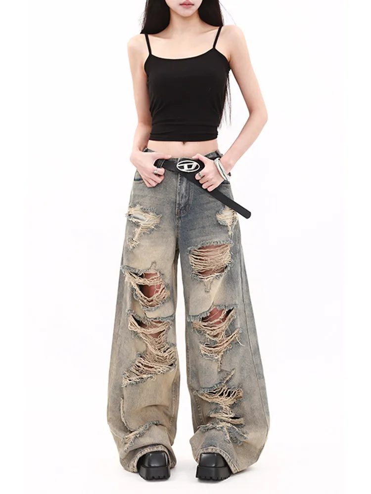 High Waist Ripped Denim Jeans Women plus Size Loose Wide Leg Long Trousers American Retro Apocalyptic Style Casual Jeans