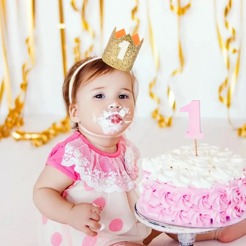 Sombrero de fiesta de 1er cumpleaños para bebé, corona de princesa, diadema con purpurina, suministros de decoración para cumpleaños de un año,