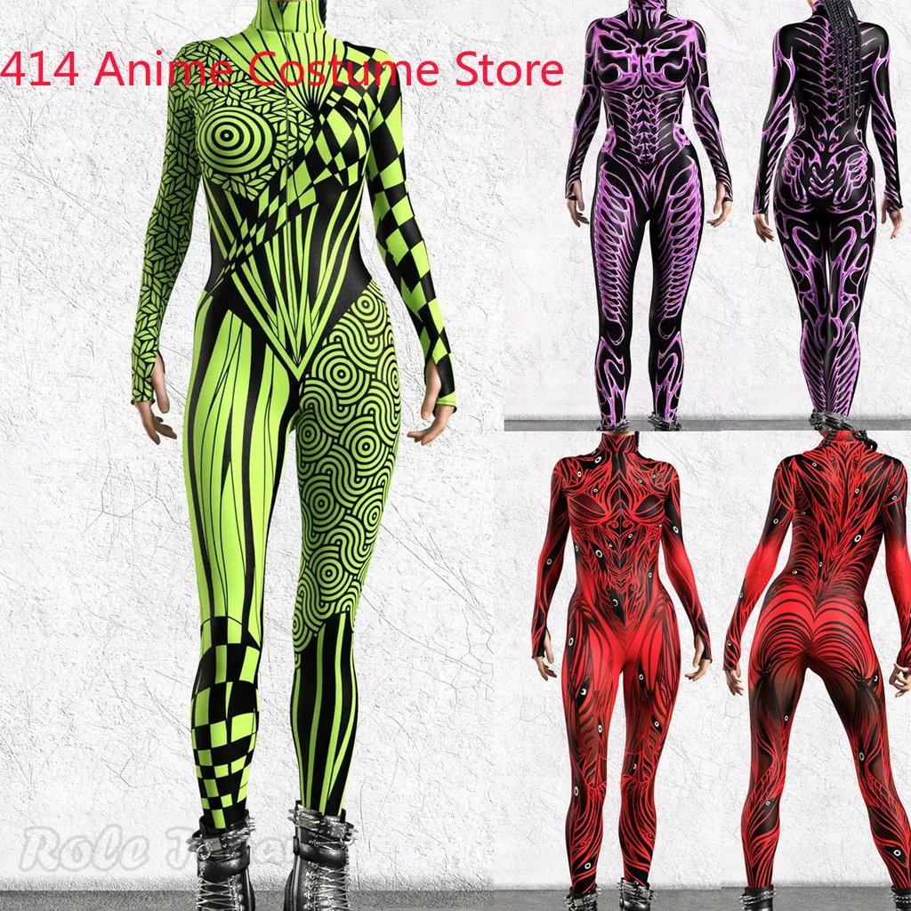 3D Digital Print Jumpsuit Zentai Cosplay Costume Women Multicolour Jumpsuits Sexy Romper Zipper Bodysuit Halloween Party