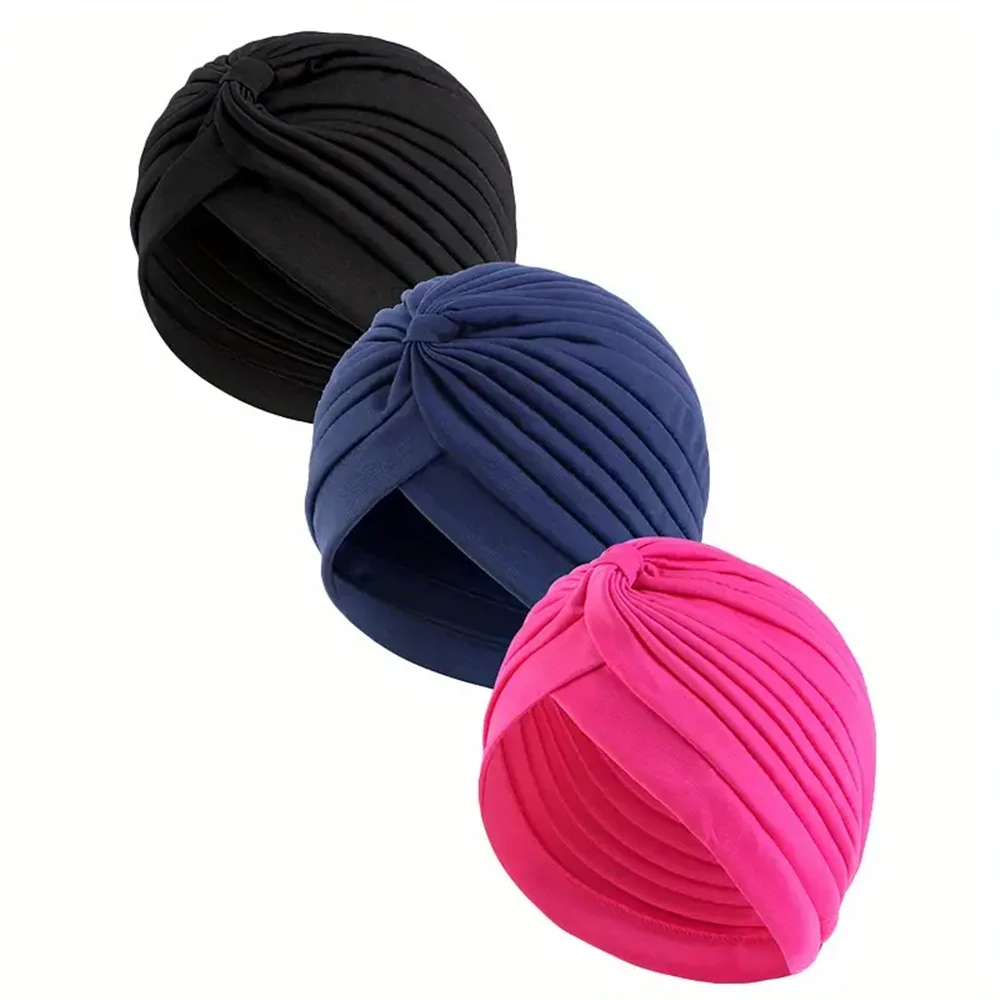 Women Pleated Knot Turban Hat Soft Stretch Headwrap Solid Color Muslim Hijab Cap Chemo Hair Loss Head Cover One Size