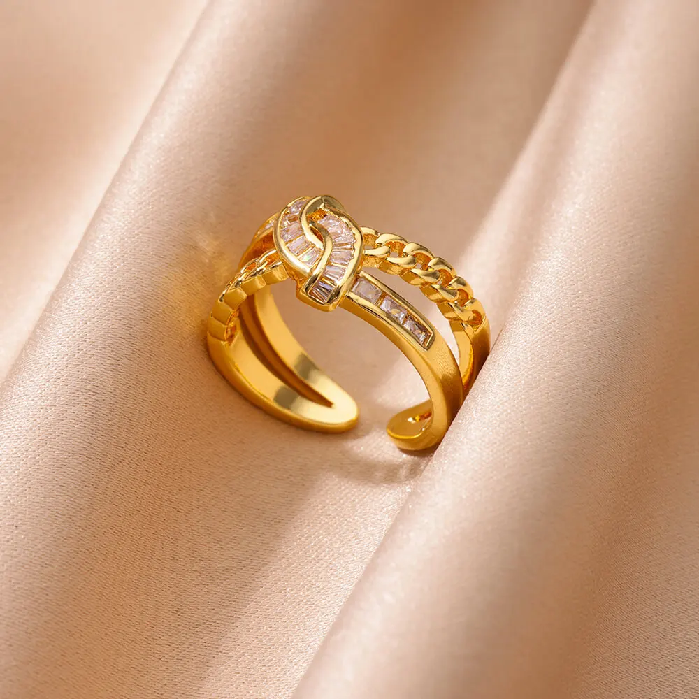 Vintage Geometric Double Layer Rings for Women Stainless Steel Gold Color Adjustable Wedding Ring Aesthetic Jewelry Gift anillos image 2