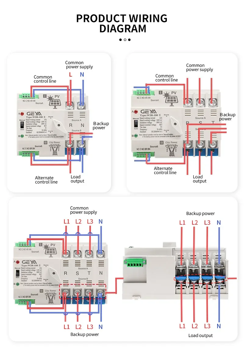 GEYA on-Grid Solar Power Automatic Transfer Switch Din Rail 2P 3P 4P 63A  100A AC220V ATS PV System Power to City Power W2R