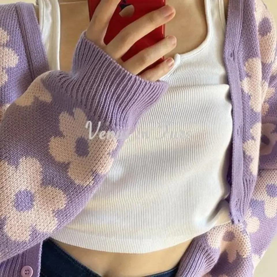 2024 New Retro Girls Cute Loose Thin Purple Flowers Short Section V-neck Knitted Cardigan Sweater Jacket